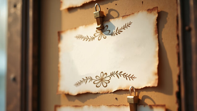 Photorealistic close-up of an ornate wedding announcement pinned to a vintage church bulletin board 
