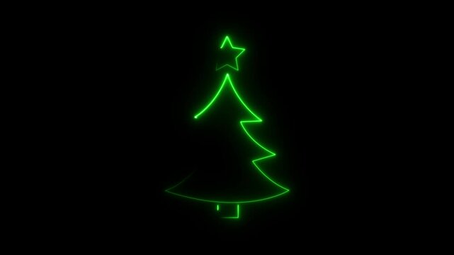 Neon Christmas tree with star, glowing icon. Neon New Year tree silhouette, outline Christmas tree in vivid colors.