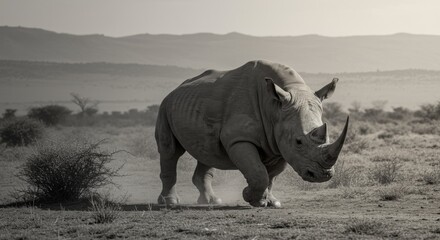 Monochrome rhinoceros walking through savanna landscape