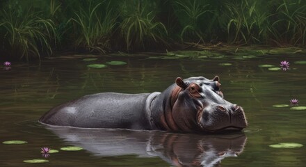 Hippopotamus in swampy environment