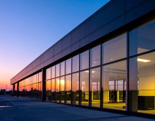 Modern building at sunset reflecting the vibrant colors of the sky in its large glass windows.  A tranquil and serene image showcasing architectural design.
