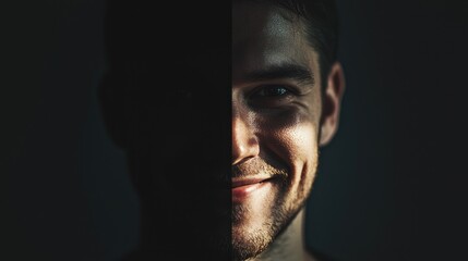 Fototapeta premium Half of a face showing joy, while the other half fades into darkness