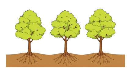 Set of contours deciduous trees with root systems. Vector illustration