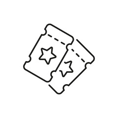 Two Event Tickets With Stars Line Icon. Entertainment Access, Concert Admission, And Movie Pass Outline Symbol. Ticketing System And Event Planning. Editable Stroke. Isolated Vector Illustration