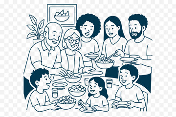 Big Family Meal – Everyone Serving Food and Smiling – Minimalist Family Gathering Scene