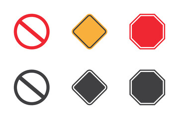 Set of empty signs. Crossed out red circle, stop blank sign in red octagon, blank yellow sign. Priority road icon, traffic sign. Empty NO symbol. Vector. EPS10.