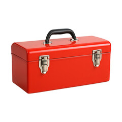 Classic bright red metal toolbox with a black handle and shiny metal latches, perfect for tool storage.