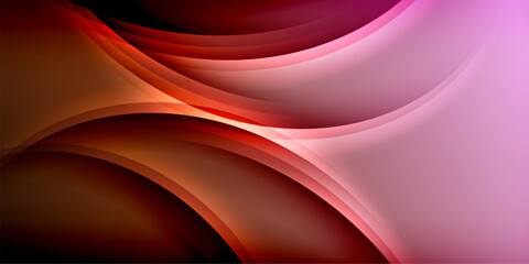 Abstract waves, flowing shapes, vibrant colors. Red, pink, brown hues blend smoothly. Dark background creates dramatic contrast.