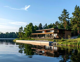 Modern lakeside house with stunning water reflection. Perfect for luxury real estate, architecture, and travel websites.