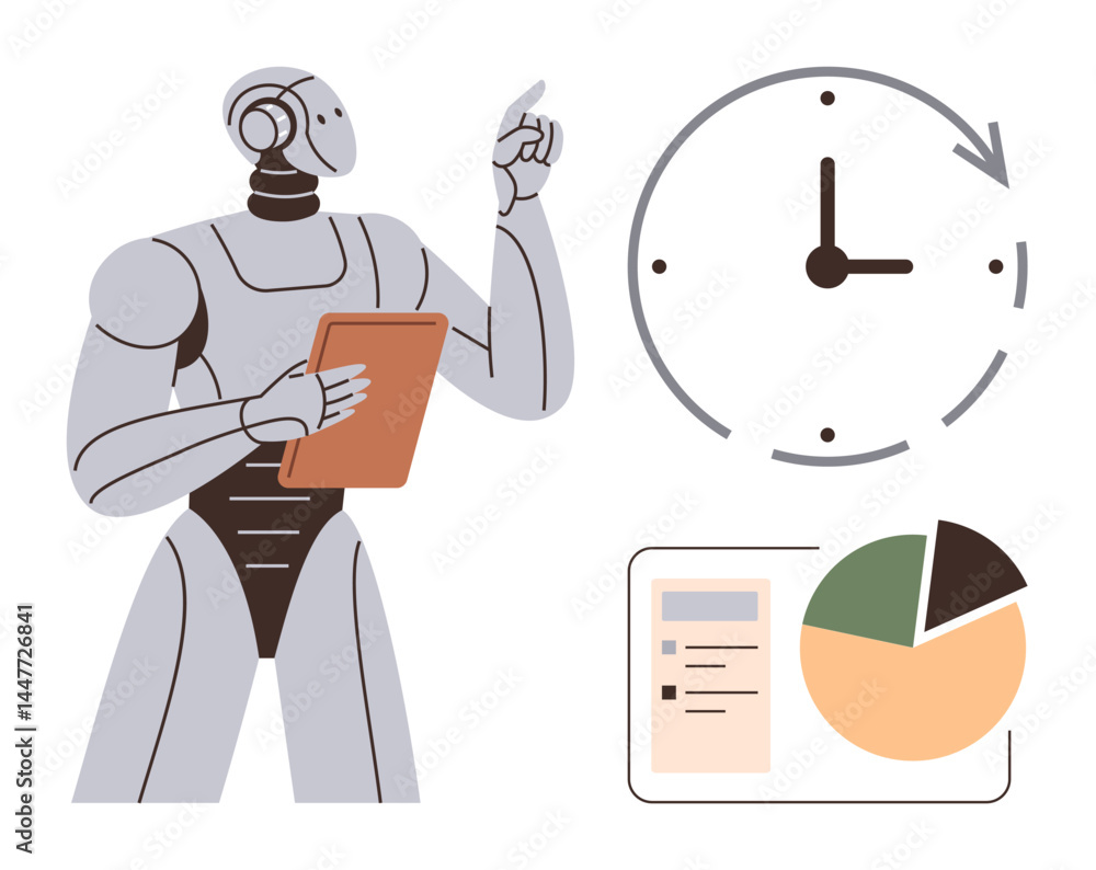 Poster robot holding clipboard, pointing upward near clock and data charts. ideal for ai, automation, analy