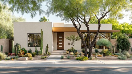 Modern house exterior with desert landscaping