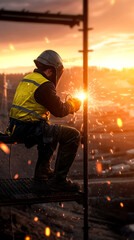 Fototapeta premium Welding action by construction worker at sunset industrial site photography outdoor side view safety and craftsmanship
