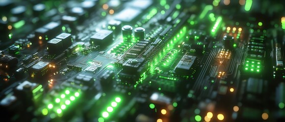 光る緑色の回路基板 電子デバイスのクローズアップ 高度なデジタル技術の視覚的表現