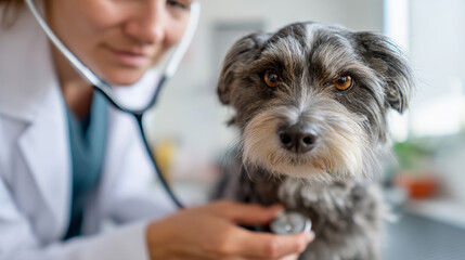 Veterinary examination of a tabby cat: Close-up of a veterinarian with a stethoscope listening to the chest of a tabby cat (possibly a Scottish Fold or Tabby) with green eyes, in a veterinary clinic s