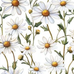 Delicate white daisies with yellow centers and green leaves, arranged in a repeating pattern on a white background. Detailed illustrations capture the beauty of each flower and leaf
