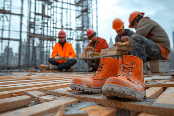 Construction workers engaged in building project urban construction site action shot outdoor environment close-up view labor and safety