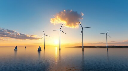 Obraz premium Offshore Wind Farm at Sunset with Sailboats wind farm offshore sunset ocean renewable energy turbine