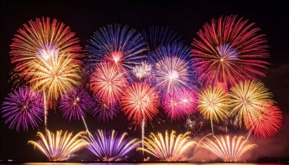 Fototapeta premium Spectacular fireworks display illuminating the night sky with vibrant colors and dazzling patterns. Perfect for celebration, festival, or holiday backgrounds.