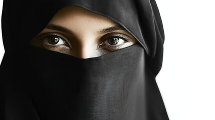 Naklejka premium Close-up of the expressive brown eyes of a Muslim woman wearing a black niqab. Focus on the intense gaze and beauty of the eyes in contrast with the traditional veil.