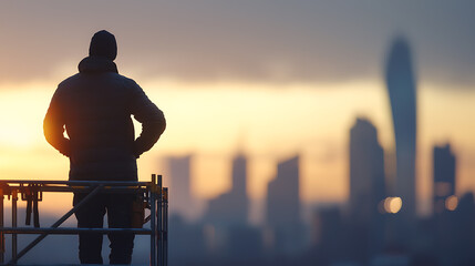 Sunrise reflection construction worker overlooking city skyline urban environment inspirational moment