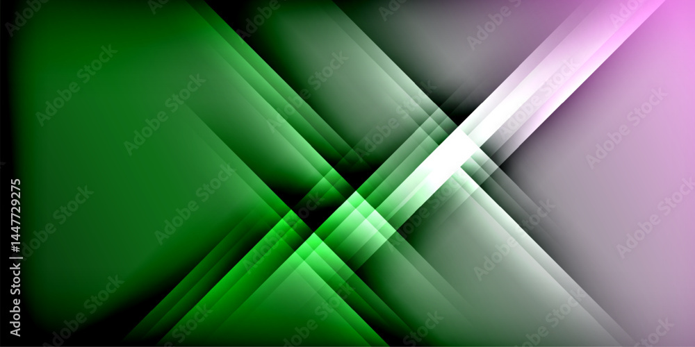 Poster Abstract design features overlapping layers, vibrant green, soft pink, white hues. Dark background emphasizes geometric shapes, creating dynamic visual effect.