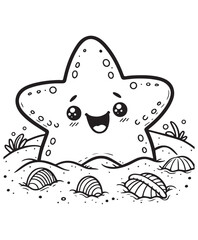 Coloring book starfish buried in the sand with seashells and seaweed
