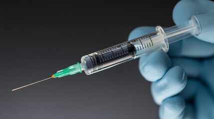 Syringe filled for injection: Close-up of a hand wearing a light blue surgical glove, holding a clear plastic syringe filled with a dark liquid and a thin needle with a green cap.