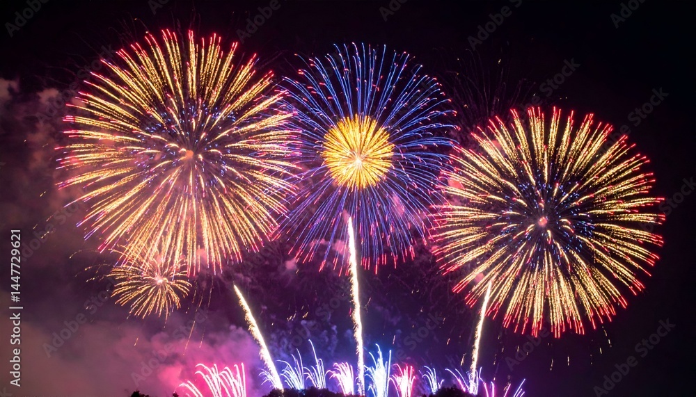 Poster vibrant fireworks display exploding in the night sky. spectacular pyrotechnics light up the darkness
