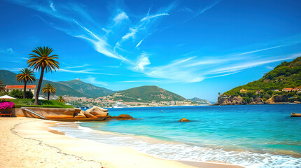 Fototapeta premium Tropical paradise beach with crystal-clear turquoise water, white sand, colorful kayaks, palm trees, lush mountains, blue sky, vivid coastal scenery in ultra-detailed photorealistic 4K wide-angle shot