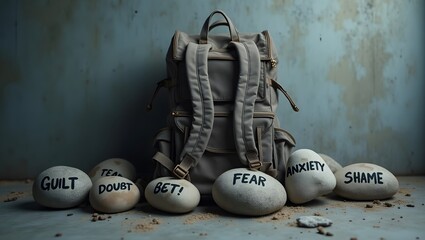 Overcoming the Burden: A backpack symbolizes burdens. Surrounding stones, each inscribed with heavy emotions and fear, create a poignant visual exploration.