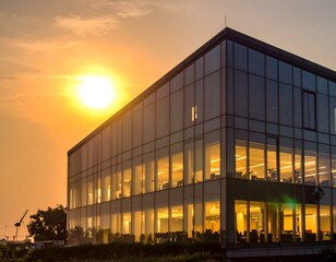 Modern glass office building at sunset. Golden hour light illuminates the interior.