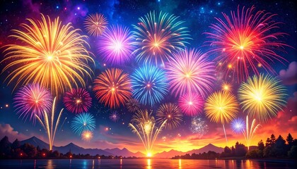 Vibrant fireworks display over a serene lake at sunset.  Perfect for celebrations, holidays, and festive designs.