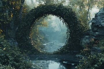 Leafy Circle Portal in Foggy Forest Landscape