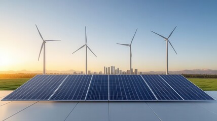 Renewable Energy Landscape: Solar Panels, Wind Turbines & City Skyline solar panels wind turbines