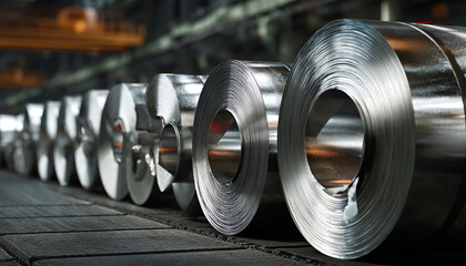 Raw material for Brazilian industry: focus on silver metal coils, probably aluminum, in an industrial facility in Brazil, ready to be used in manufacturing processes. Perfect for visual projects relat