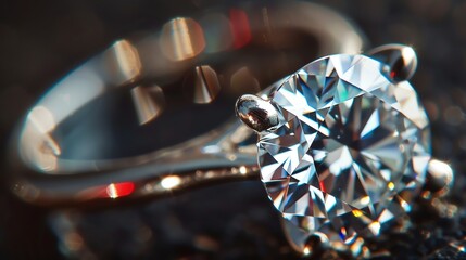 Close-up of a beautiful diamond ring on a black background. The diamond is sparkling and reflecting the light.