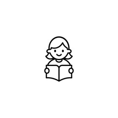 Outline minimalist Icon of Cute Girl Reading a Book Flat Design for Education and Kids Content