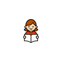 Minimalist Icon of Cute Girl Reading a Book – Flat Vector Design for Education and Kids Content