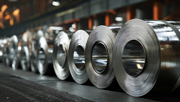 Raw material for Brazilian industry: focus on silver metal coils, probably aluminum, in an industrial facility in Brazil, ready to be used in manufacturing processes. Perfect for visual projects relat