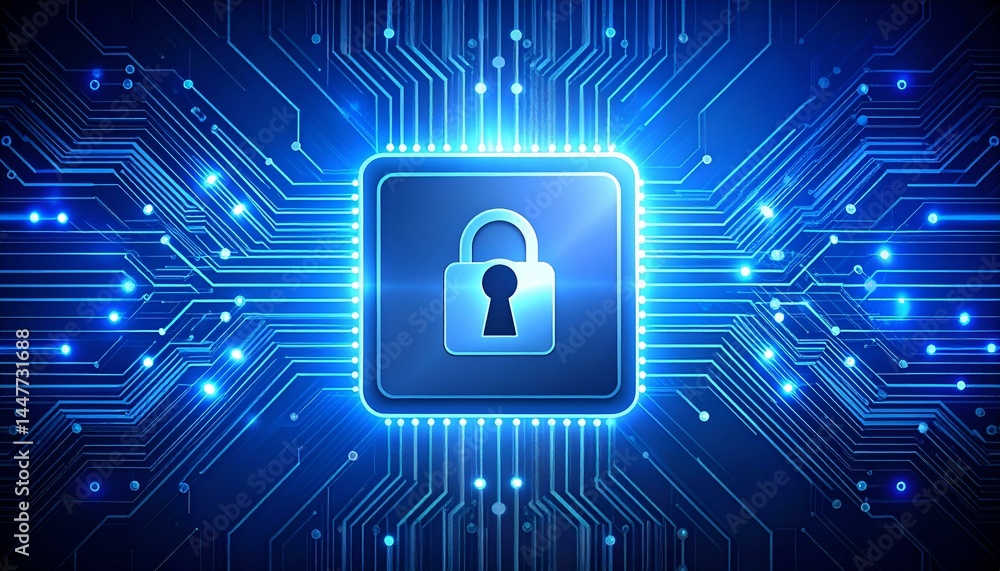 Aufkleber digital lock on a glowing circuit board, representing cybersecurity and data protection.