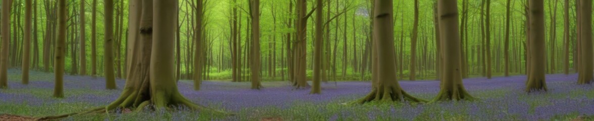 Obraz premium Bluebell emerging from forest floor, beech trees overhead, single, flora, tranquil