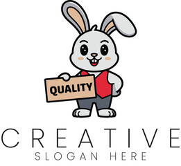 Cute Bunny Mascot Holding Quality Sign Adorable Cartoon Design Perfect for Branding and Marketing   