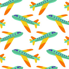 Naklejka premium Colorful cartoon airplanes in a playful pattern suitable for various creative projects