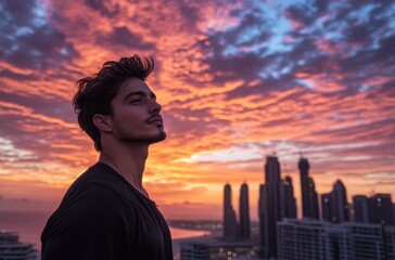 Fototapeta premium Rooftop view of Dubai skyline with bold, colorful sunset