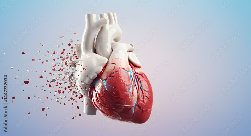 Poster detailed anatomical heart illustration with exploding pixelated effects on a gradient light blue bac