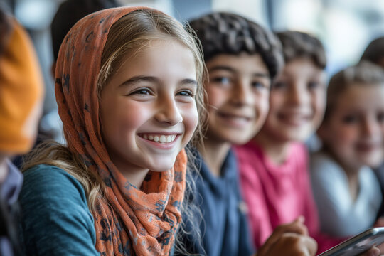 Smiling Multicultural Schoolchildren in Classroom Setting