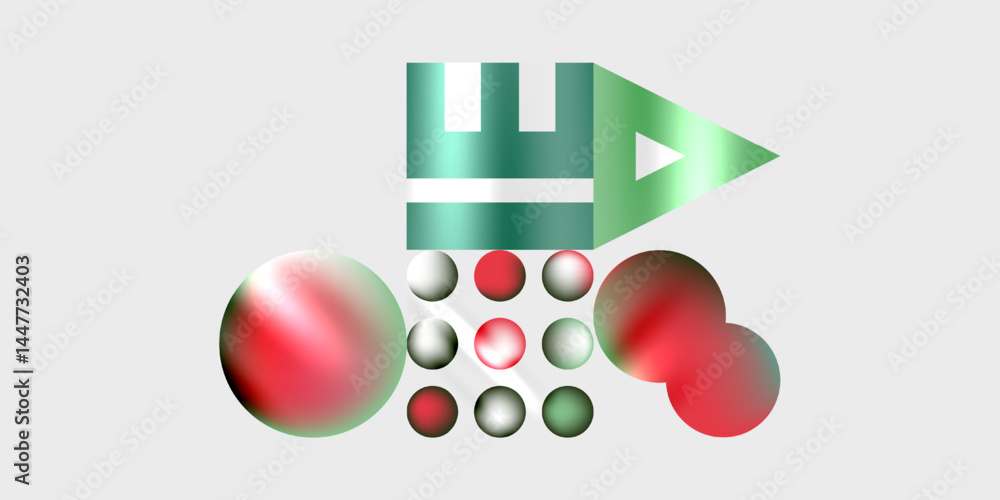 Poster abstract graphic design features geometric shapes, red spheres, green rectangles. minimalist composi