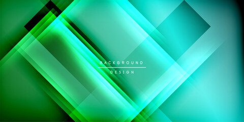 Abstract geometric design. Vibrant turquoise, green gradients overlay dark background. Layered squares create dynamic visual effect. Modern, sleek aesthetic.