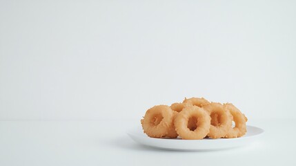 Golden fried onion ring circular arrangement white plate top down view clean white background Classic American appetizer or side minimal snack concept stock ready cut out isolated transparent
