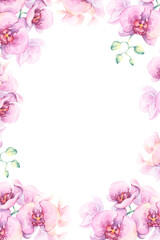 Pink orchid frame for invitations and cards. Hand-drawn botanical watercolor illustration. Translucent flowers. Elegant floral design. Ideal for spa menus, brochures, feminine branding, and planners
